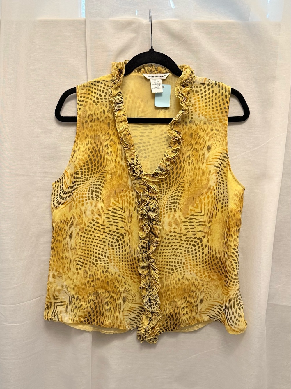 100% SILK Yellow Ruffle-Trim Sleeveless Top